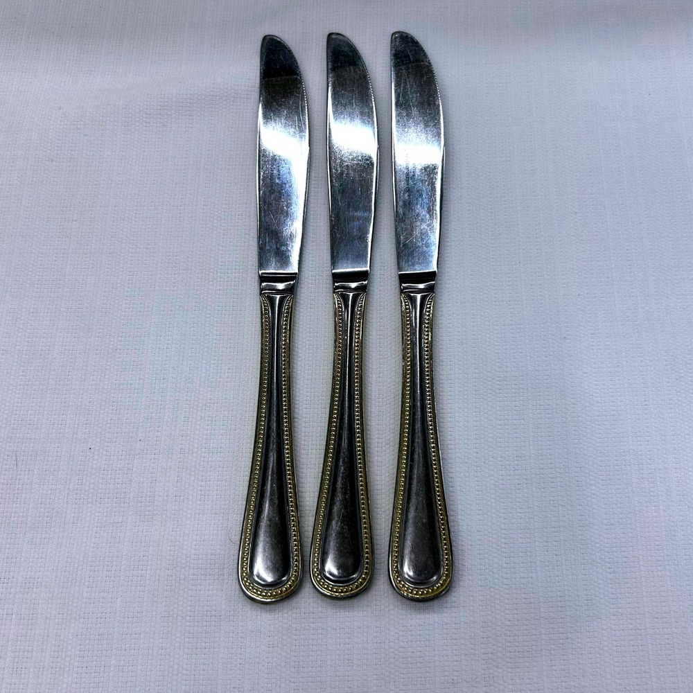 3pc International Silver Royal Bead Gold Dinner Knives 9" Stainless Gold Trim